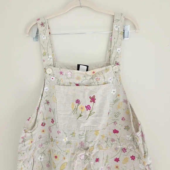 Produce Company Vintage Floral Linen Overalls XL Oatmeal Flax - Picture 2 of 7